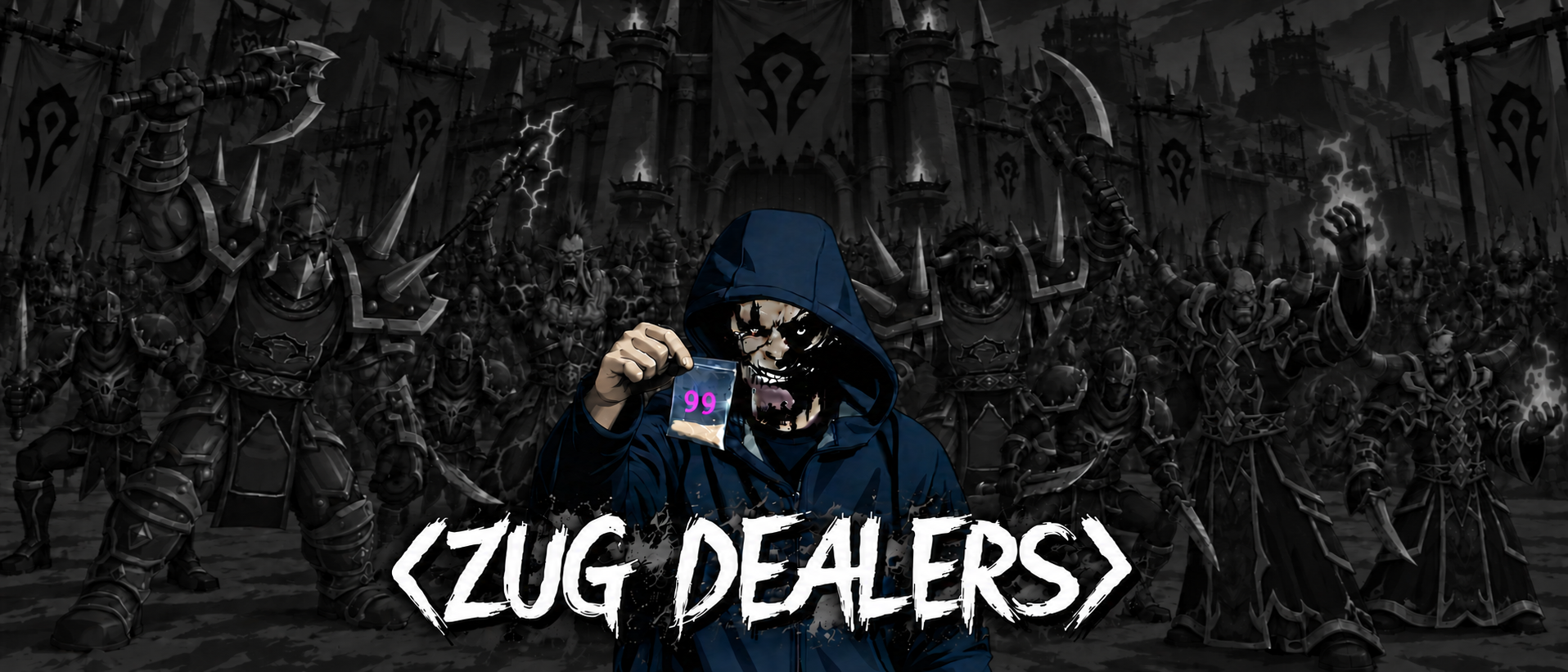 The hooded Zug Dealers mascot holding a pink 99, surrounded by a Horde legion at Orgrimmar